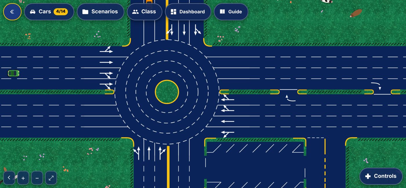 The model town board: a car waiting at the roundabout with its route choices